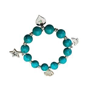 Beaded Stretch Silvertone Fish Dove Star Religious Stretch Bracelet Bright Blue